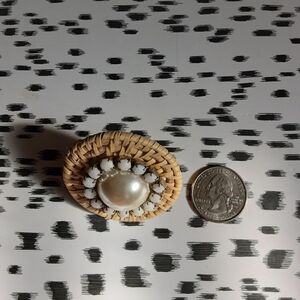 Woven Straw Ring with Faux Pearl and White Beads